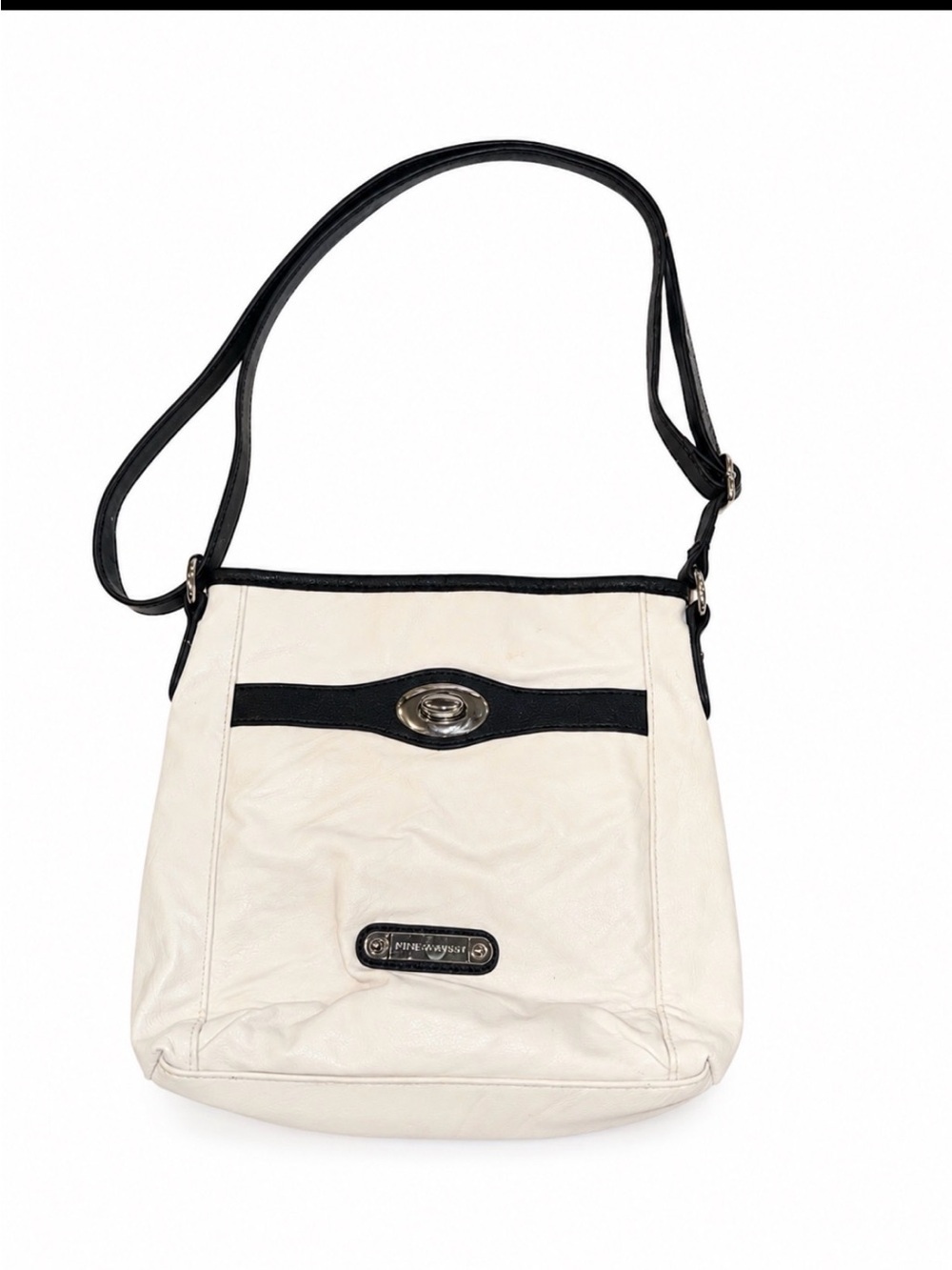 Franco Sarto White and Black Crossbody Shoulder Bag leather zip top multi pocket